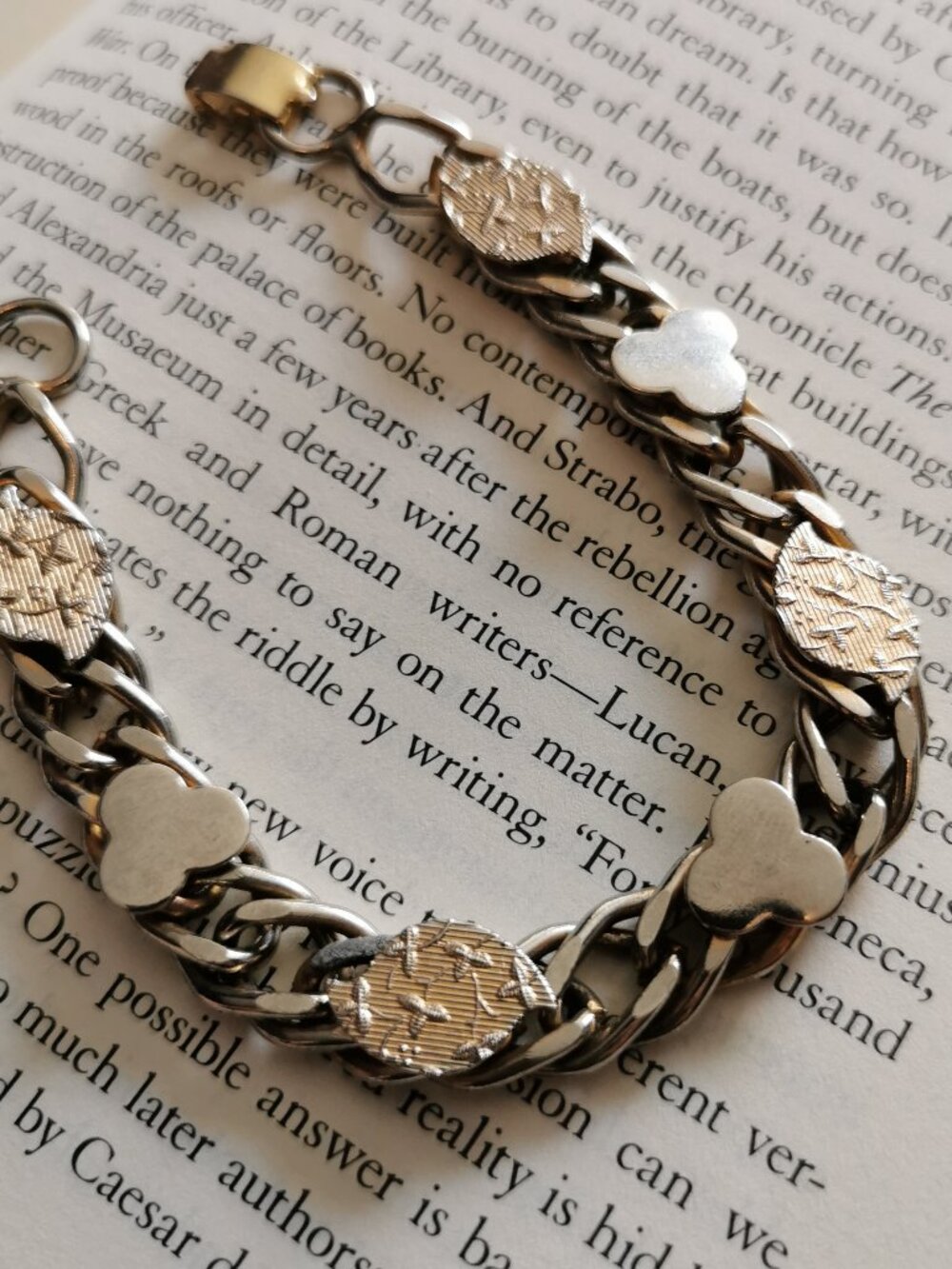 Retro 7" Chunky Bracelet Double Link Clover Textured Two Tone Silver-Tone
